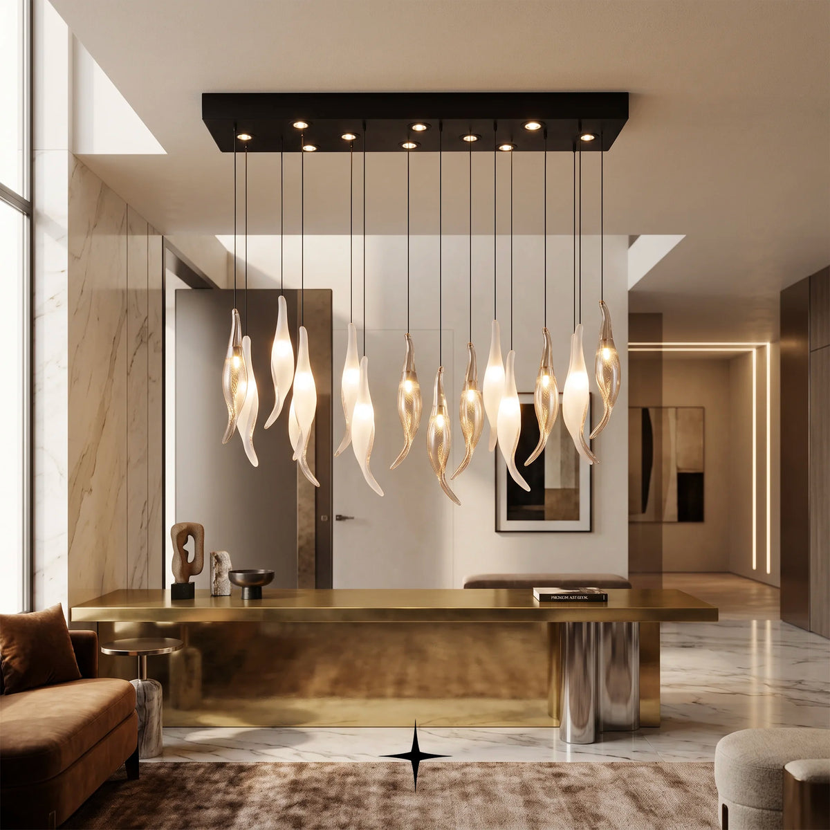 Linear Shine chandelier featuring dripping golden crystals and mesmerizing light reflections
