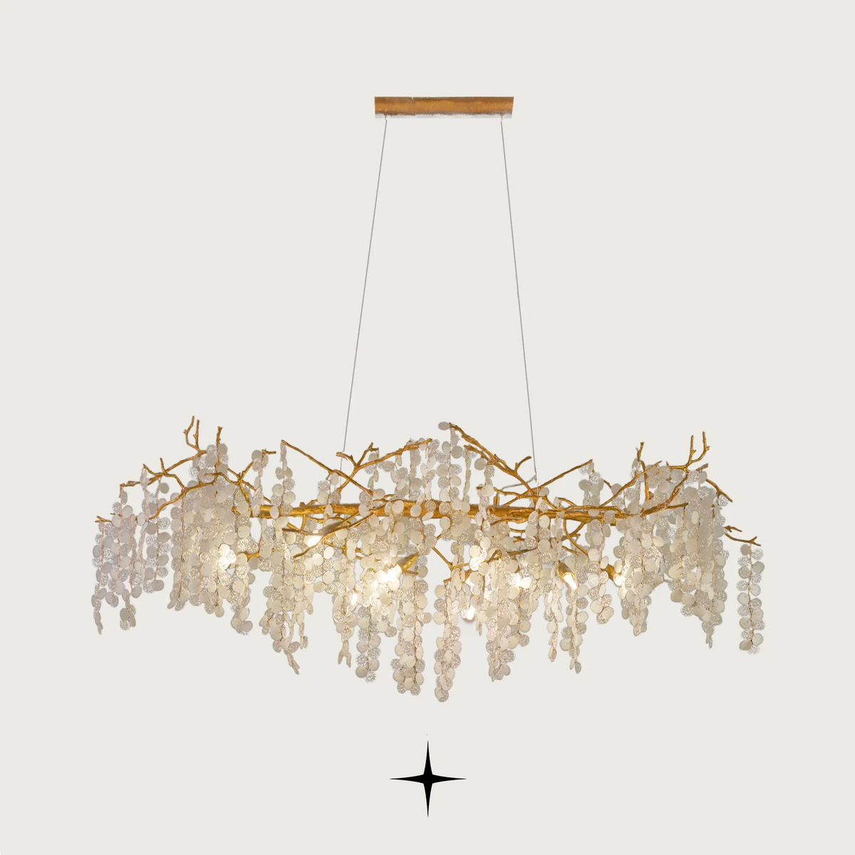 Linear Shiraz Chandelier featuring a brass branch structure and cascading crystal droplet strands.
