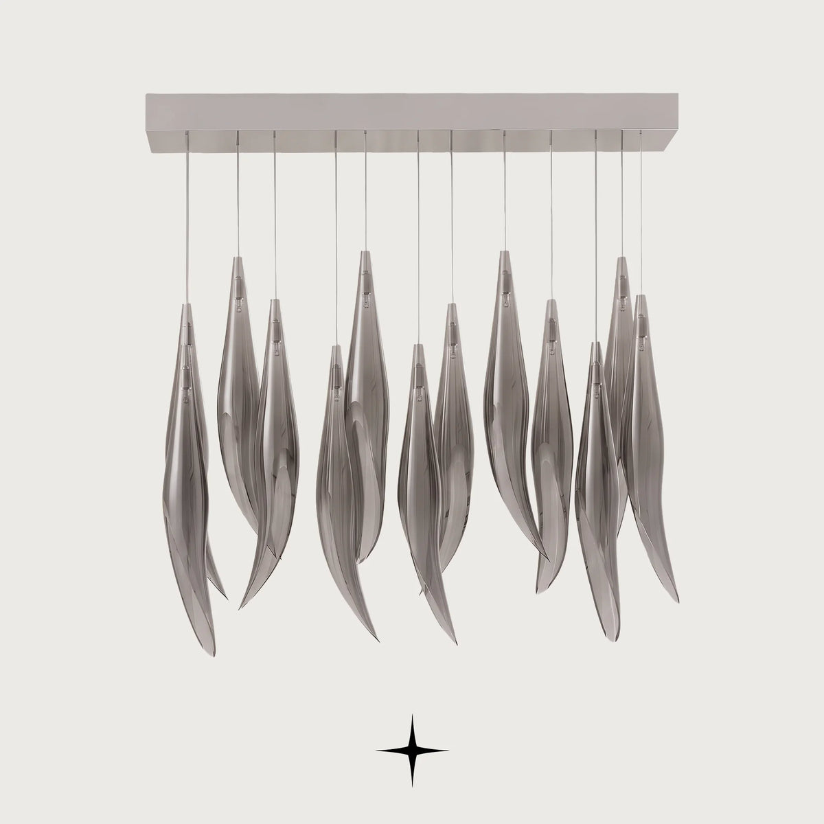 Linear Smoke Bella 13 bulbs chandelier featuring cascading white flowers and smoke grey clear glass
