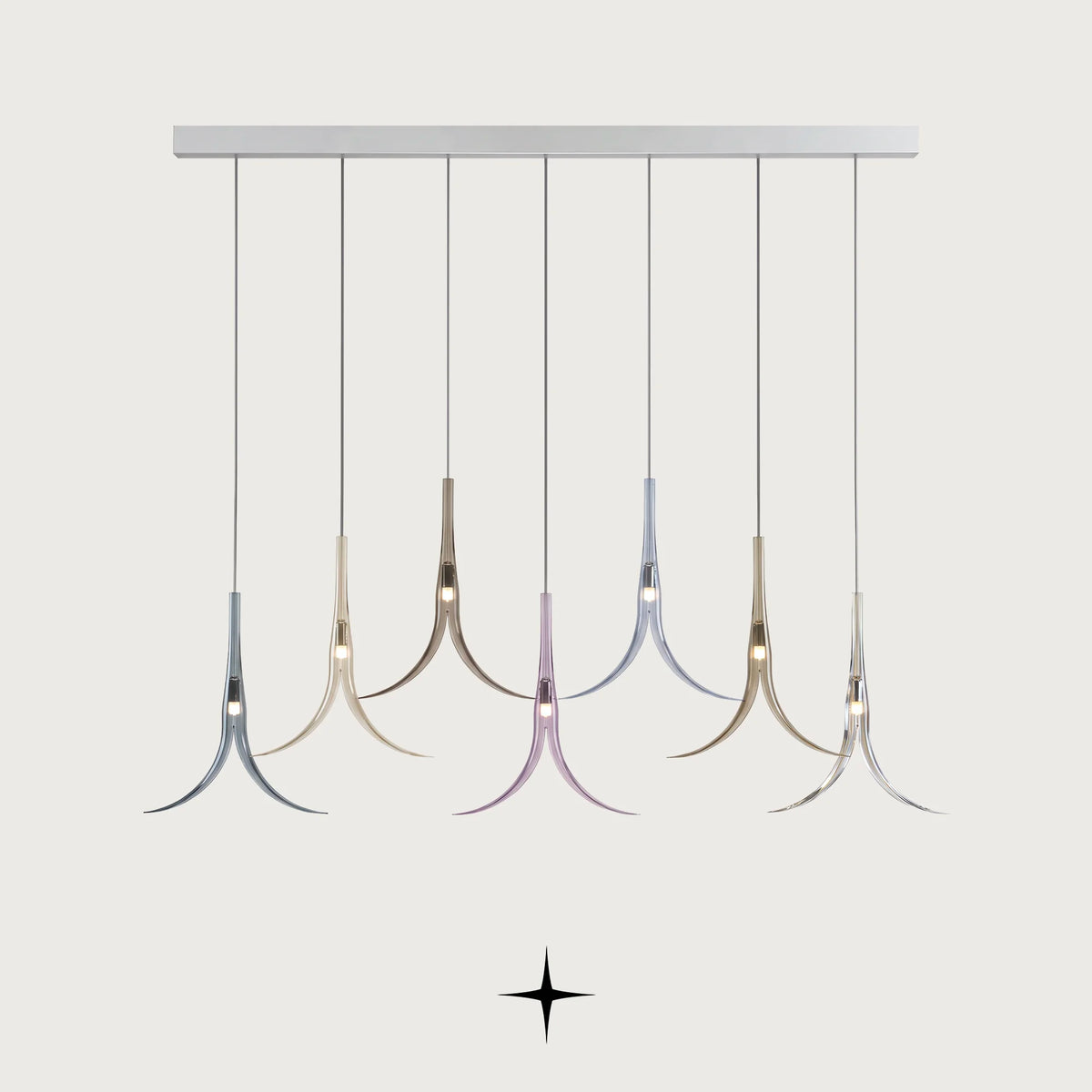 Linear Solomon chandelier featuring drop-down white and green Bohemian crystal flowers

