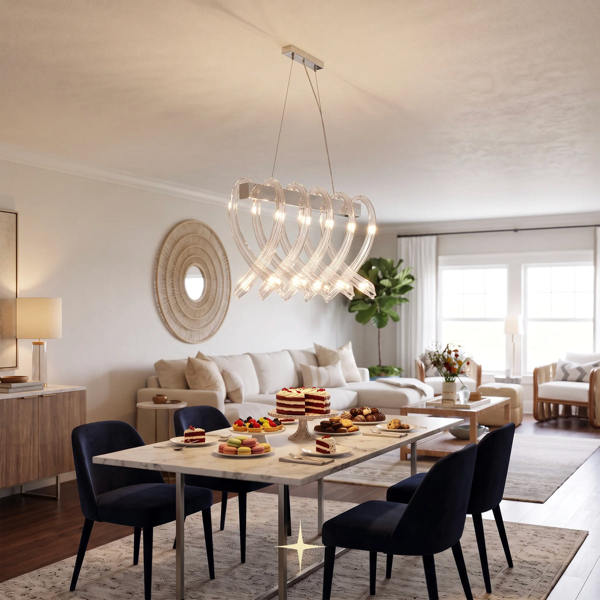 Linear Twist chandelier featuring post-modern design and sophisticated twisted glass elements
