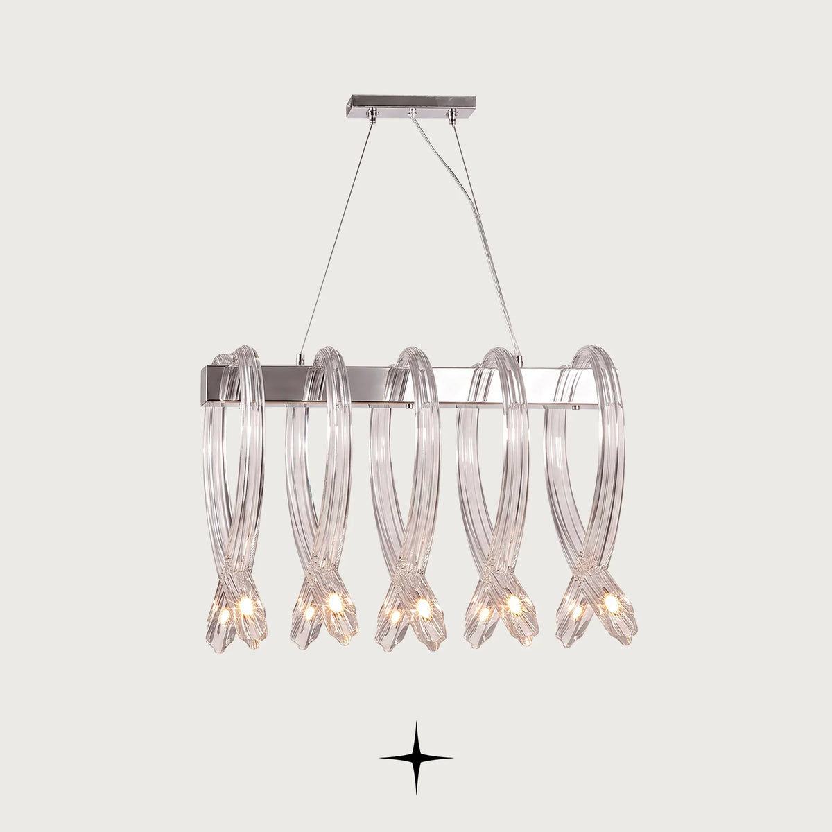 Linear Twist chandelier featuring post-modern design and sophisticated twisted glass elements
