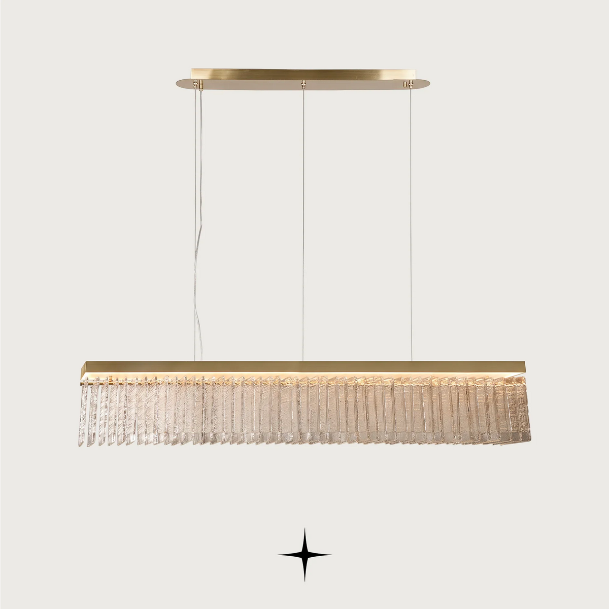 Linear Waterfall chandelier featuring cascading Murano-style glass elements and sophisticated warm illumination
