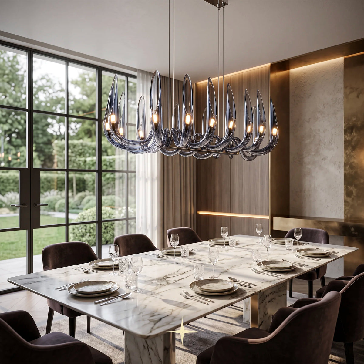 Linear Whistler chandelier featuring handmade smoke blue crystal bubbles and upward-facing wings
