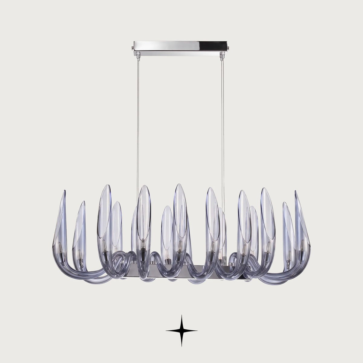 Linear Whistler chandelier featuring handmade smoke blue crystal bubbles and upward-facing wings
