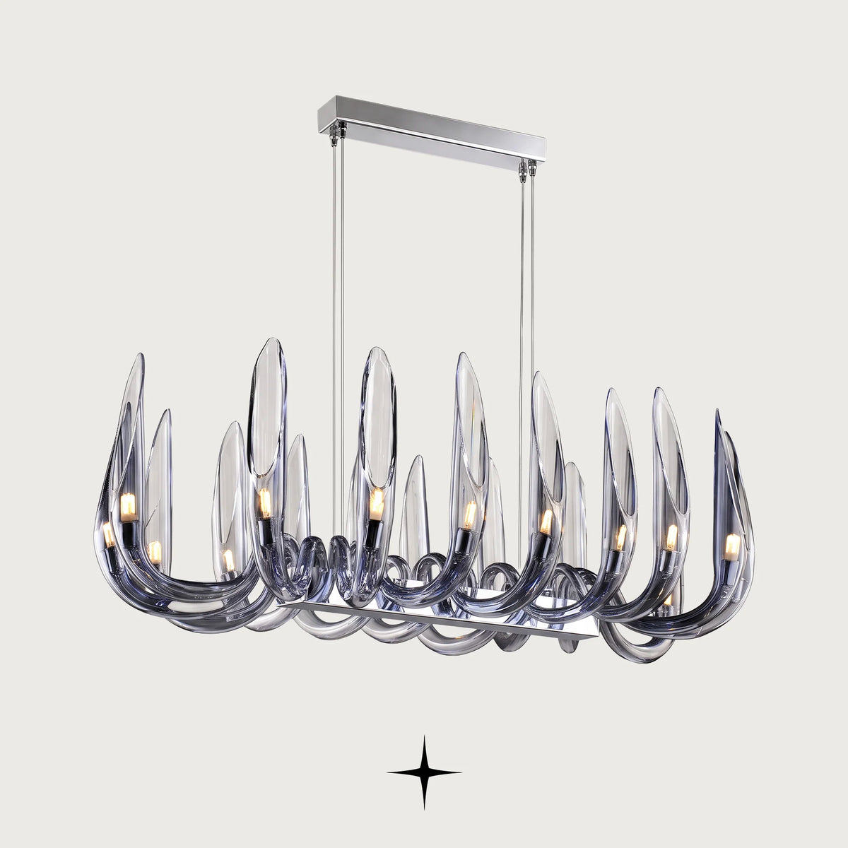 Linear Whistler chandelier featuring handmade smoke blue crystal bubbles and upward-facing wings
