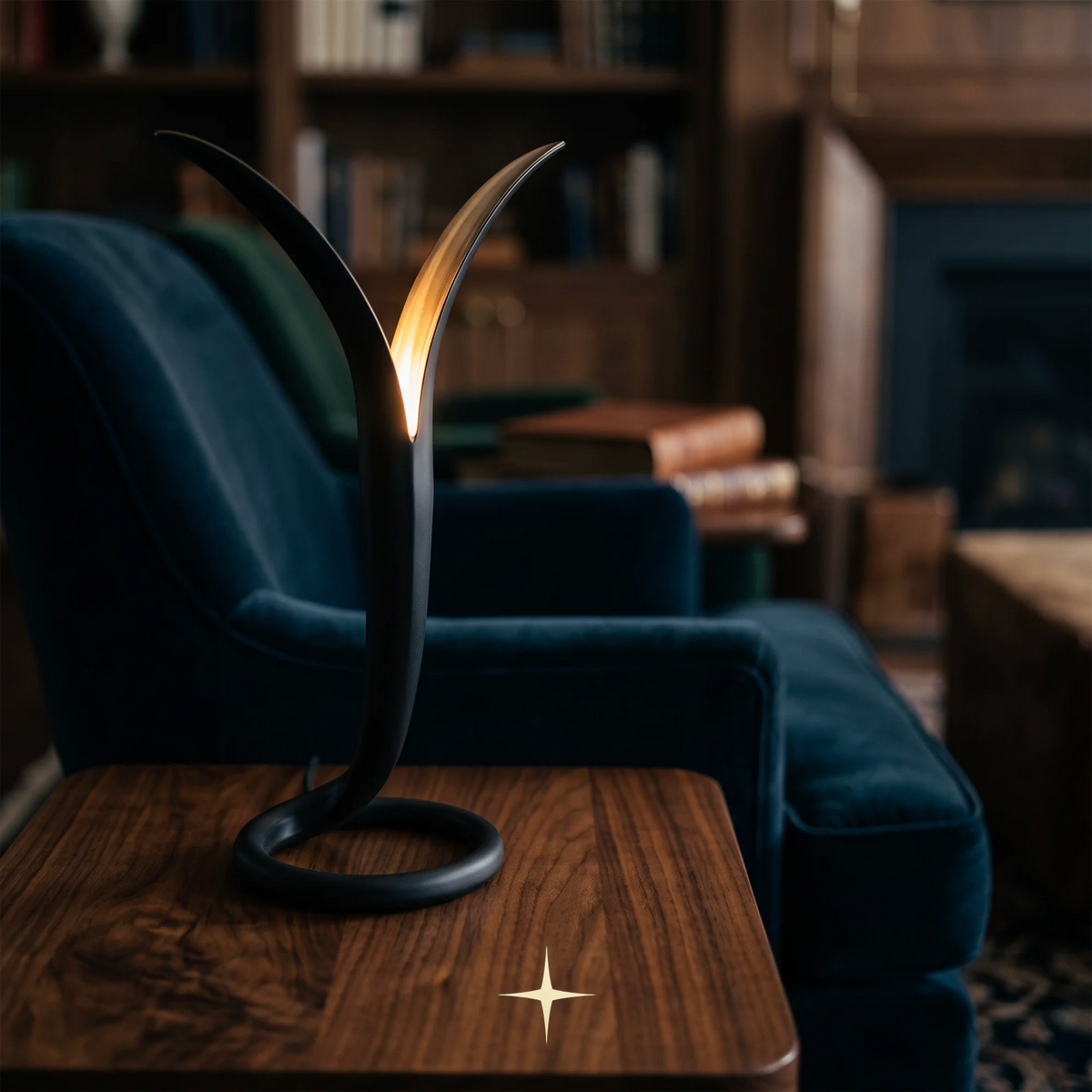Liora modern luxury table lamp with sleek black and gold silhouette for sophisticated living spaces.
