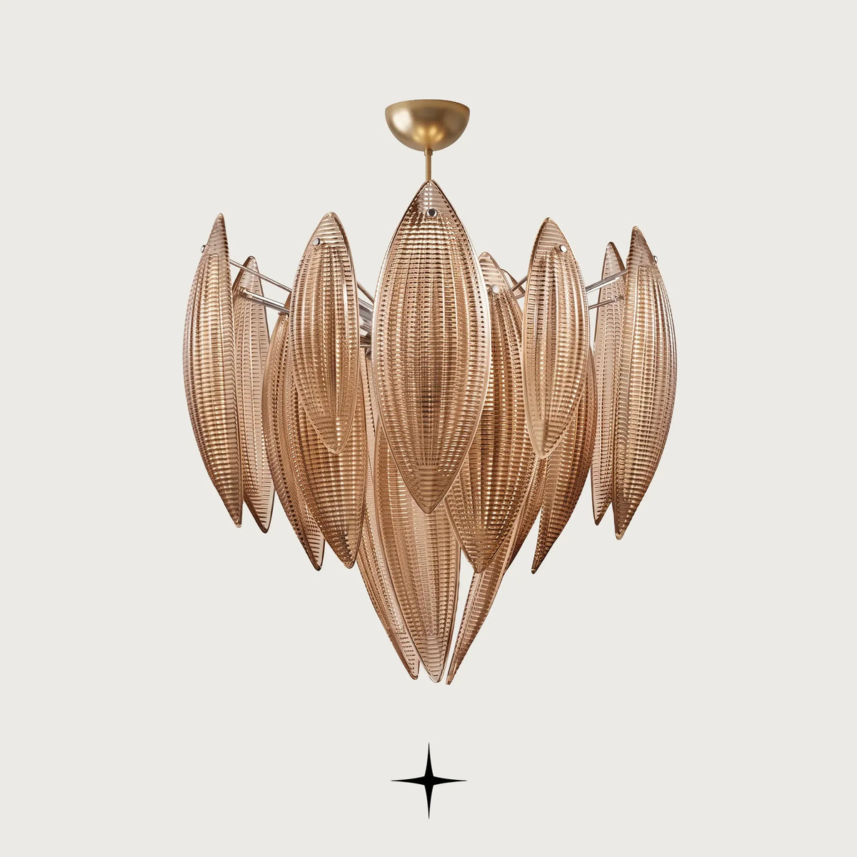 Lotus luxury circular chandelier featuring amber crystal lotus glass leaves and gold core frame
