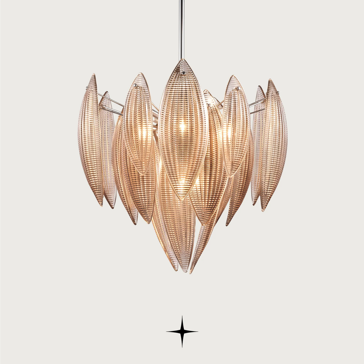 Lotus luxury circular chandelier featuring amber crystal lotus glass leaves and gold core frame
