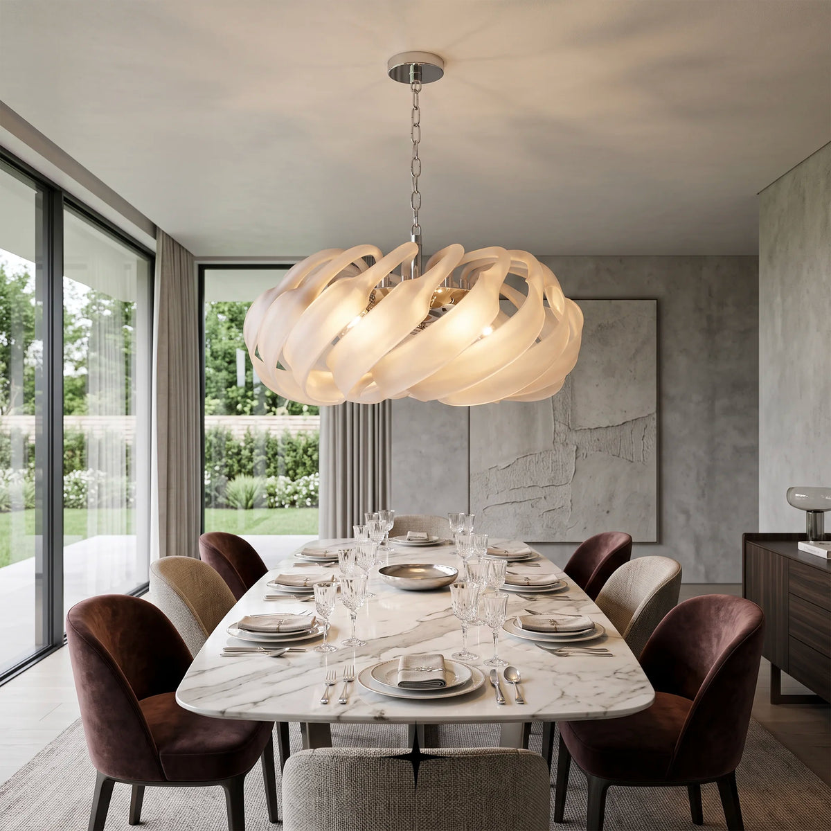 Lucy Chandelier featuring chic curved crystal elements in cream and neutral hues

