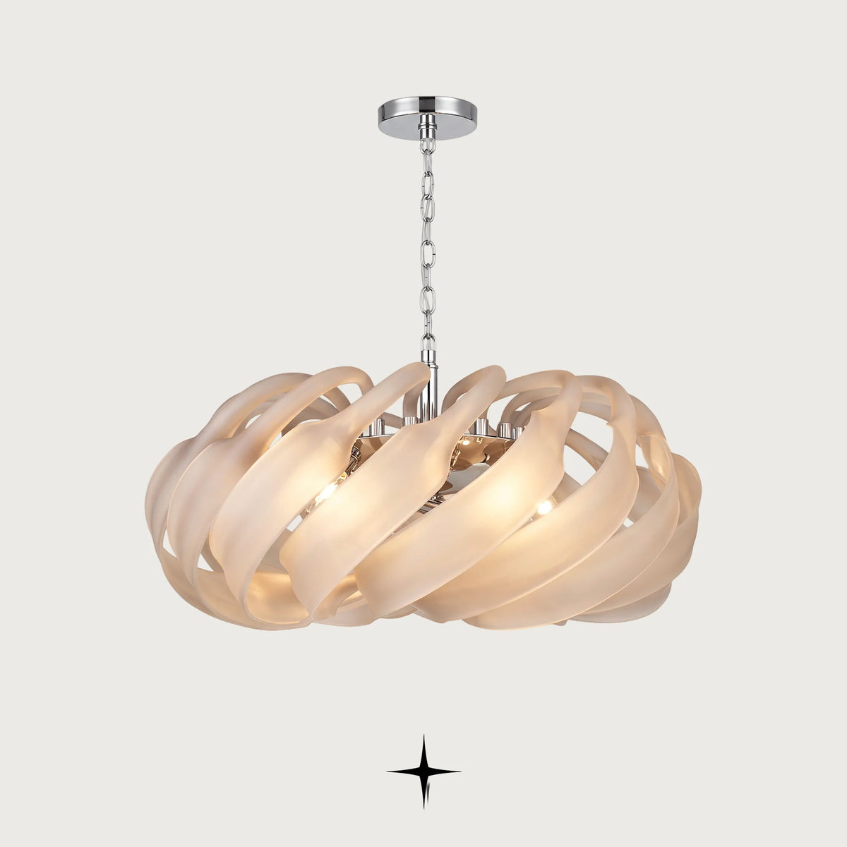 Lucy Chandelier featuring chic curved crystal elements in cream and neutral hues
