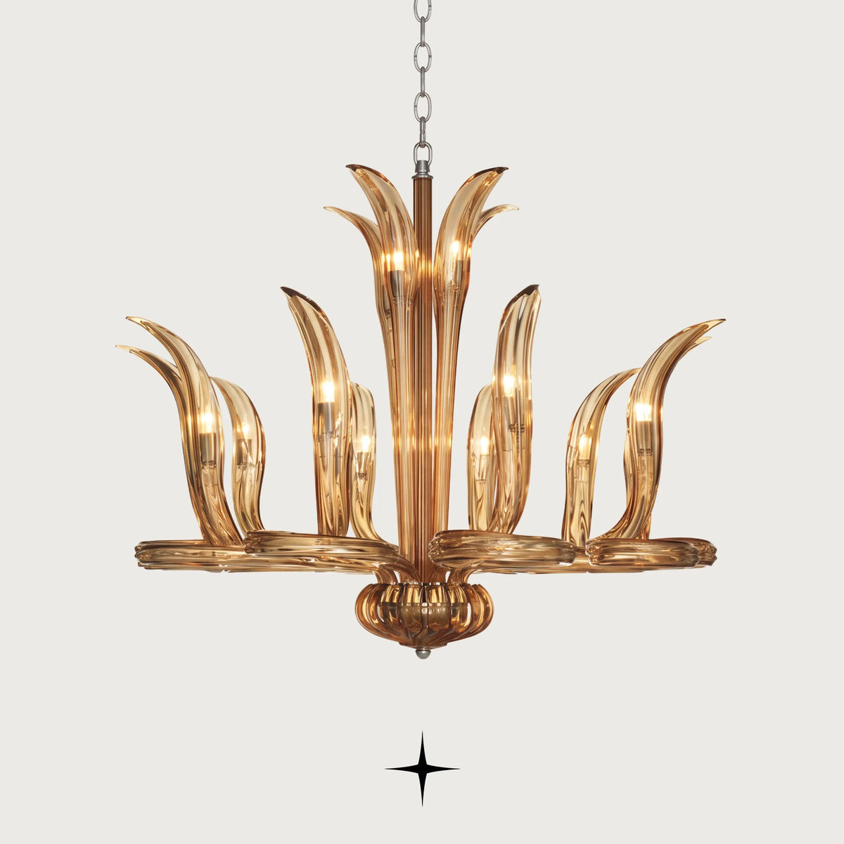 Shop the Lumina Chandelier featuring fiery crystal flames and vibrant orange hue. Elevate your luxury home interior with premium lighting from Ameria Home.
