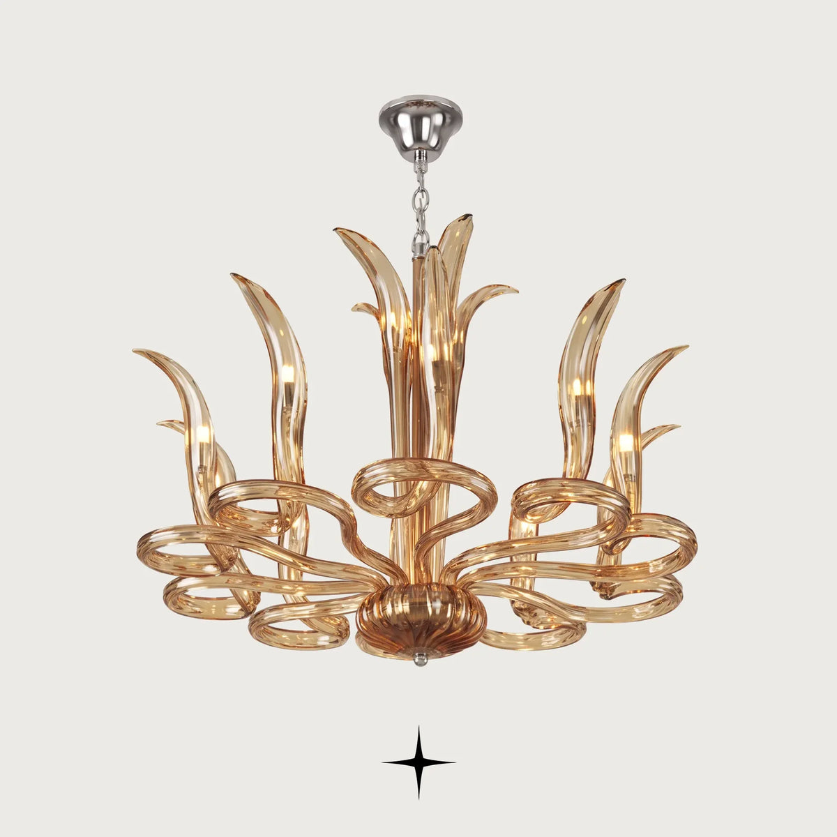 Lumina Chandelier featuring 4 top flames and 10 crystal flames with vibrant orange hue in a luxury design
