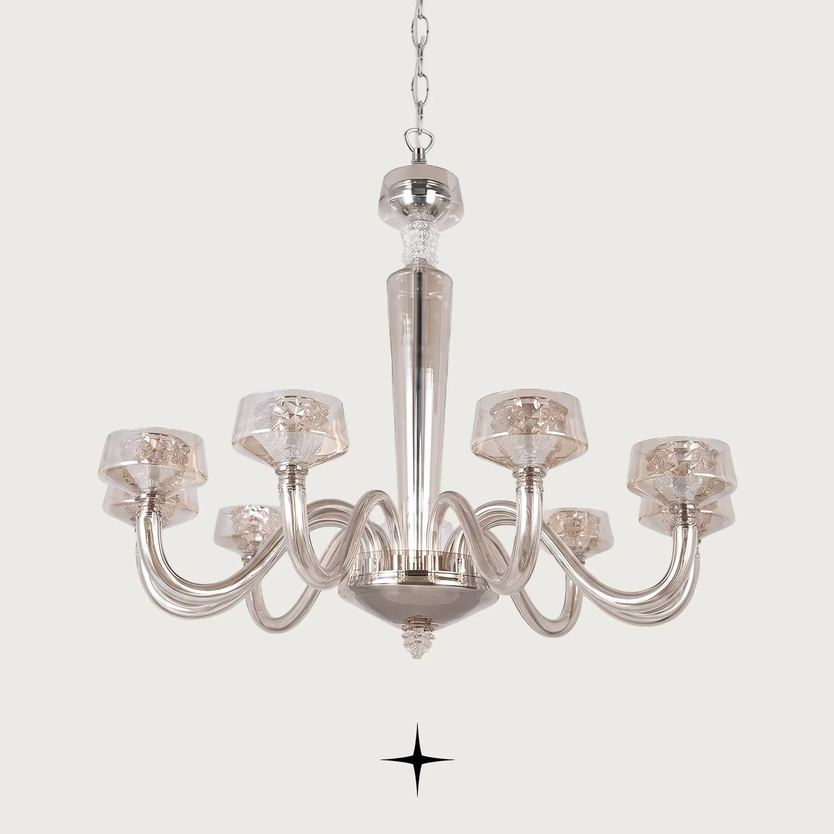 Luna Crystal Chandelier featuring sweeping crystal arms and Murano-style glass leaf shades casting a radiant glow
