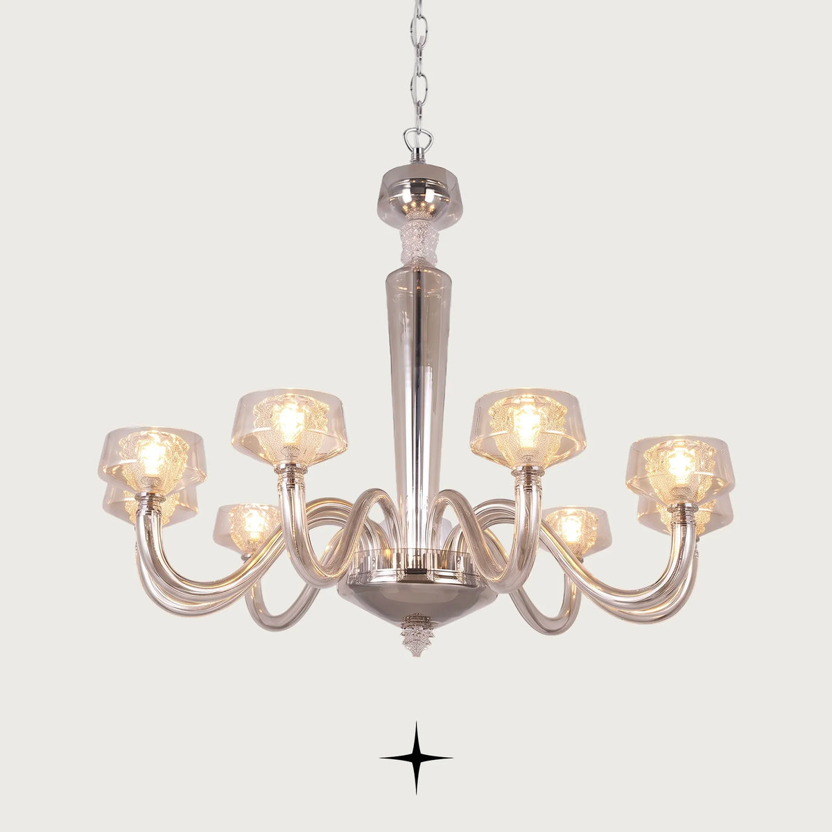 Luna Crystal Chandelier featuring sweeping crystal arms and Murano-style glass leaf shades casting a radiant glow
