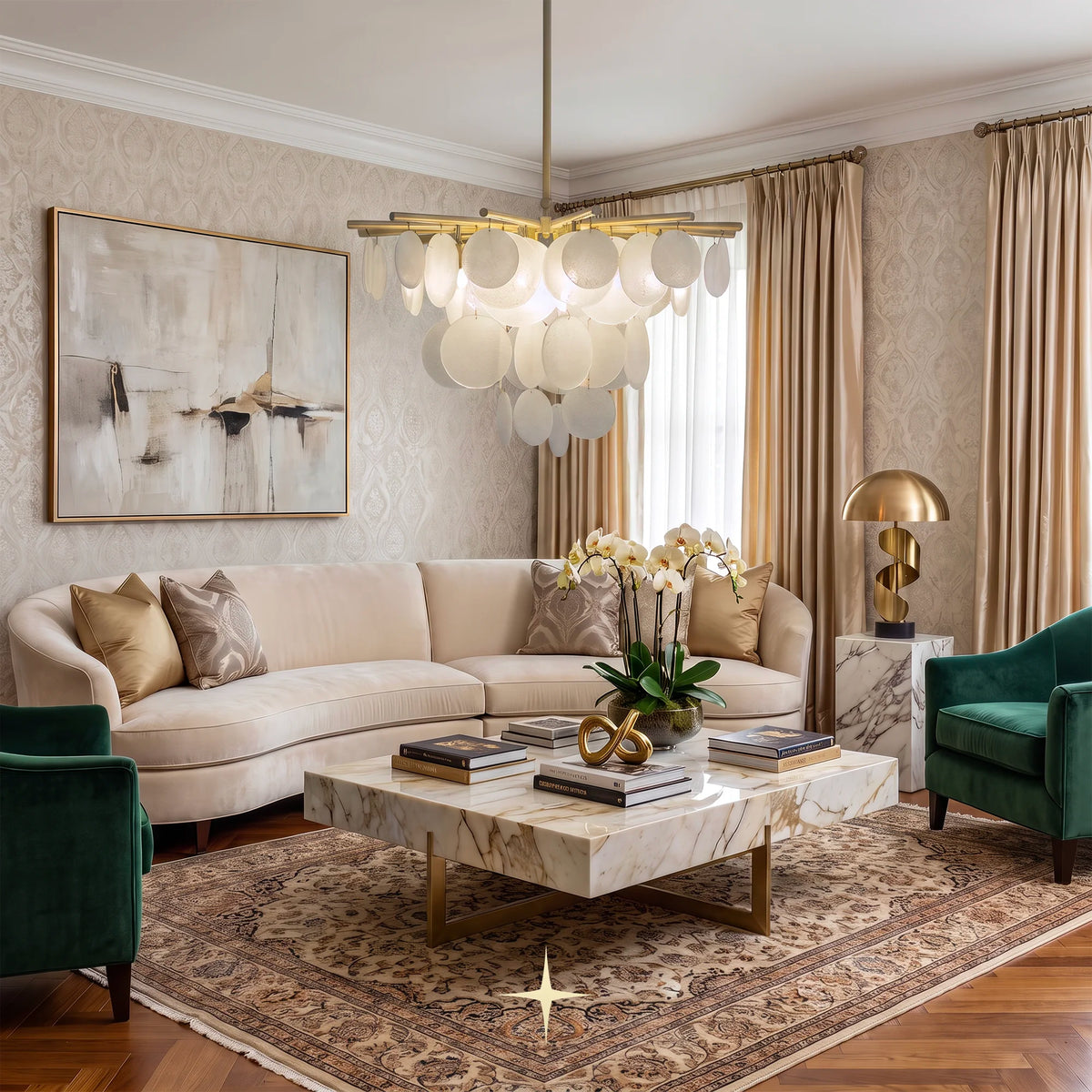  Lunaria frosted glass disc chandelier installed in a luxury living room setting