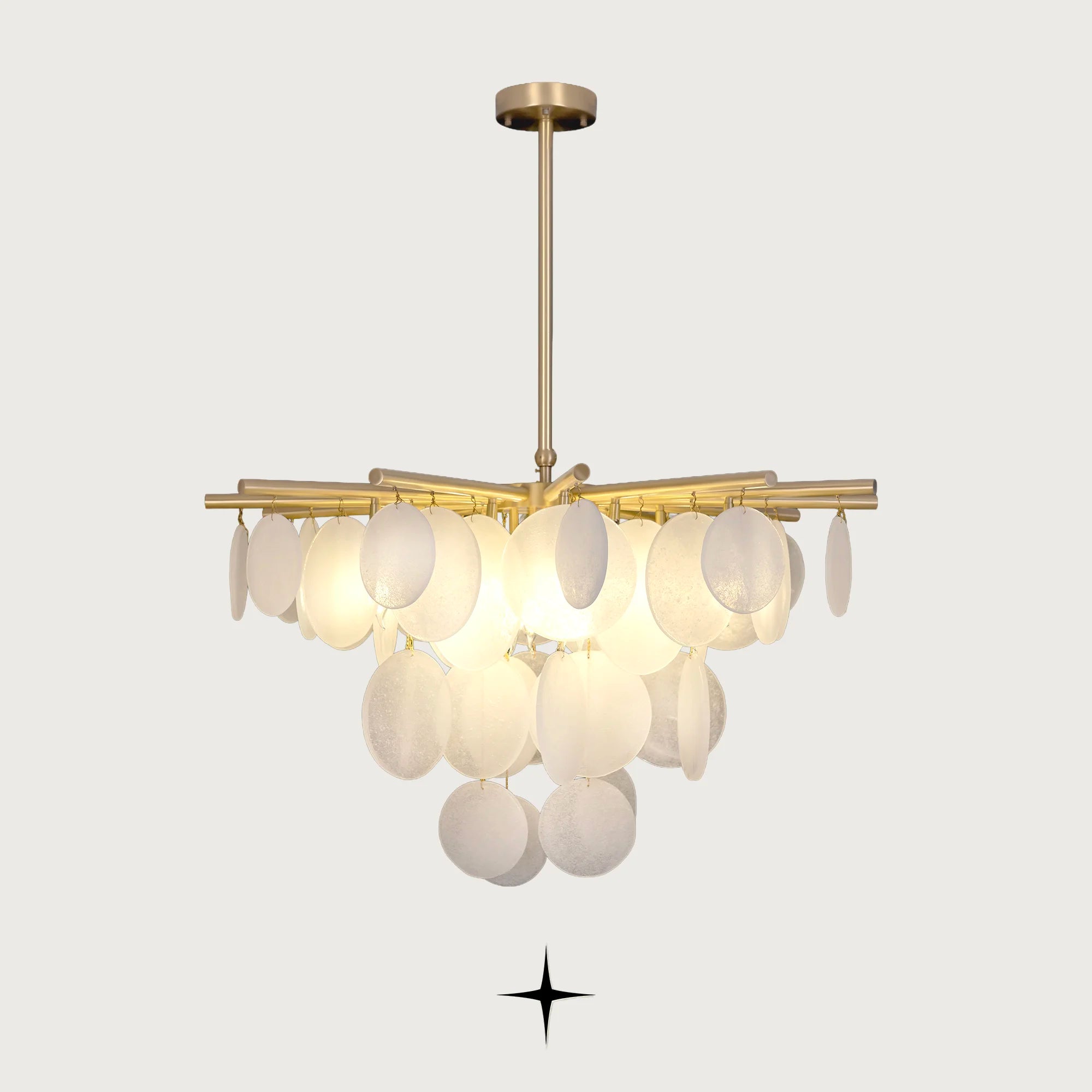 Lunaria frosted glass disc chandelier with brass frame on light grey background