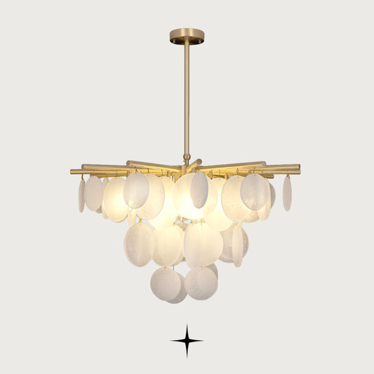 Lunaria frosted glass disc chandelier with brass frame on light grey background