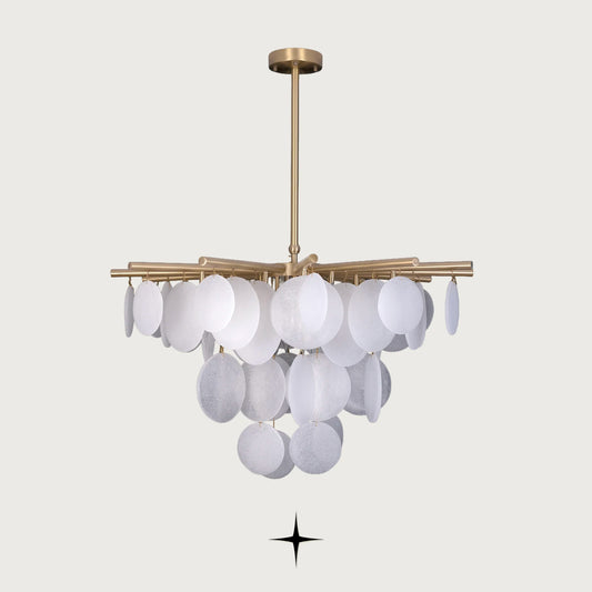 Front view of Lunaria frosted glass disc pendant lighting fixture on light grey backdrop