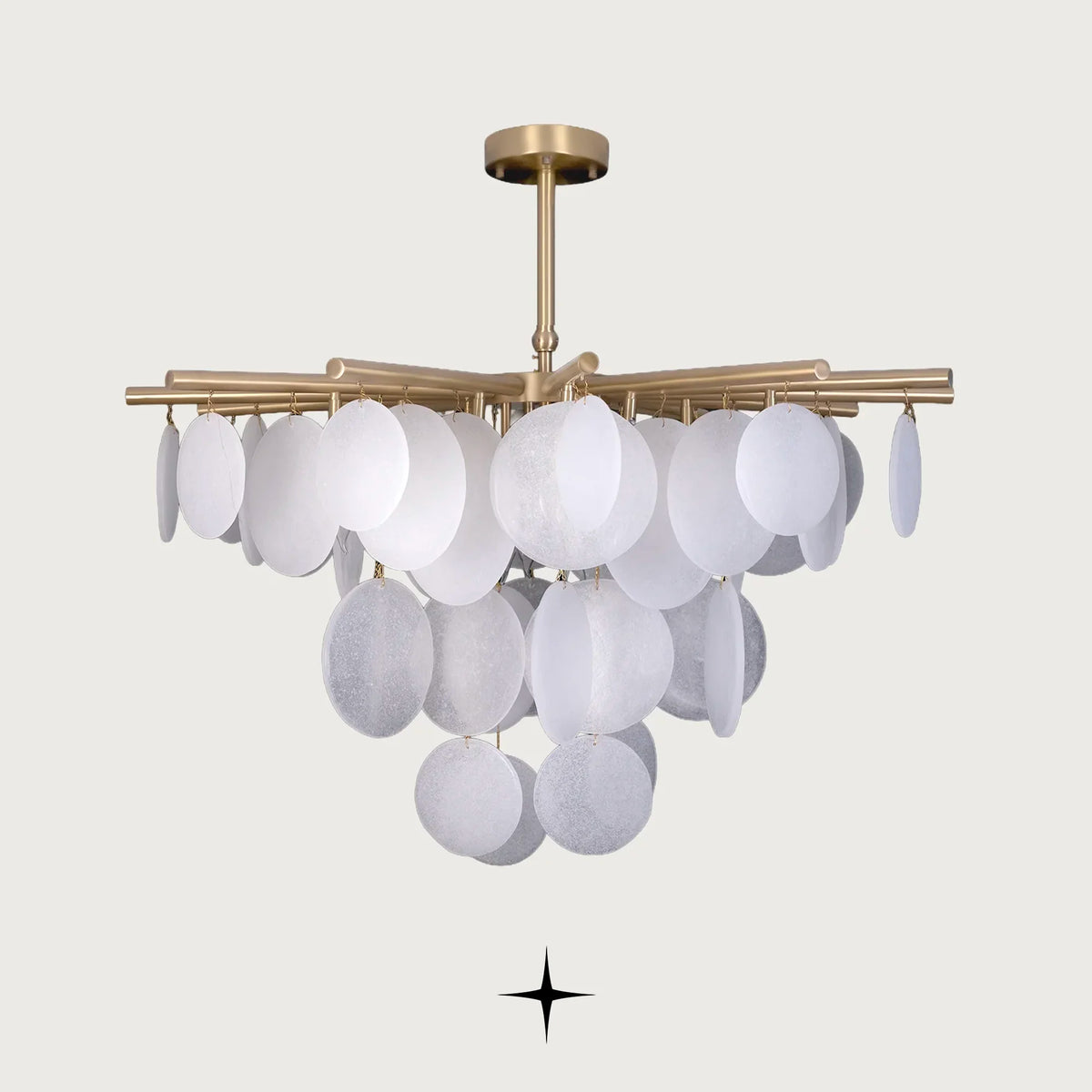 Lunaria Chandelier featuring frosted glass discs suspended from a high-quality alloy frame with brass accents in a luxury design
