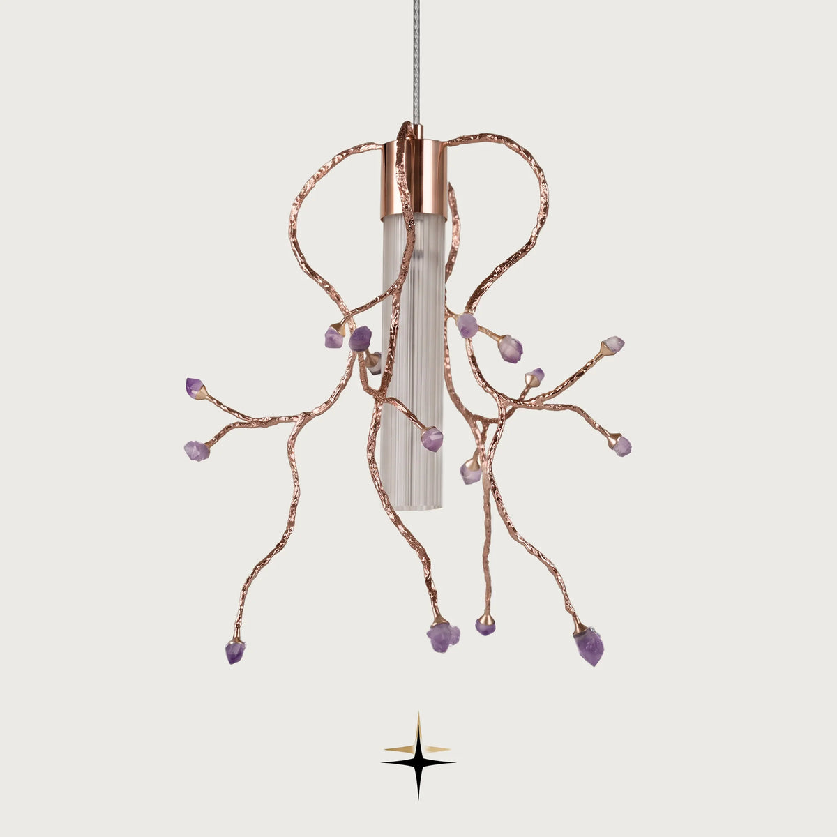 Elevate your home decor with the Madison Pendant Light, an exquisite fusion of classic elegance and modern artistry. Inspired by Murano-style craftsmanship, this monumental glass pendant light features lustrous brass branches adorned with natural purple rock accents and a glowing ribbed glass diffuser. Casting a warm, captivating light, it serves as a sophisticated focal point for modern living rooms, dining spaces, and boutique interiors.
