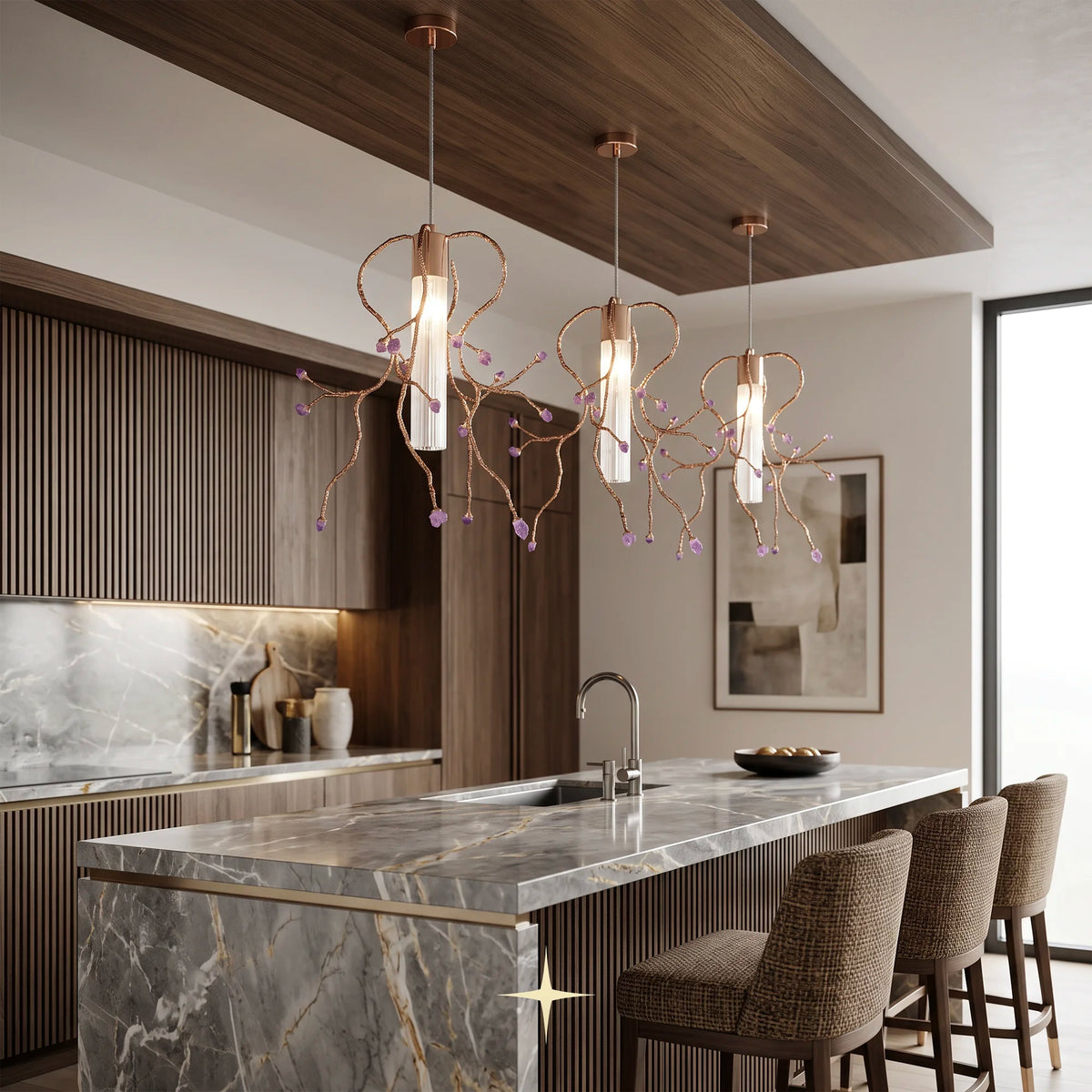 Pair of Madison pendant lights installed over an elegant dining table interior
