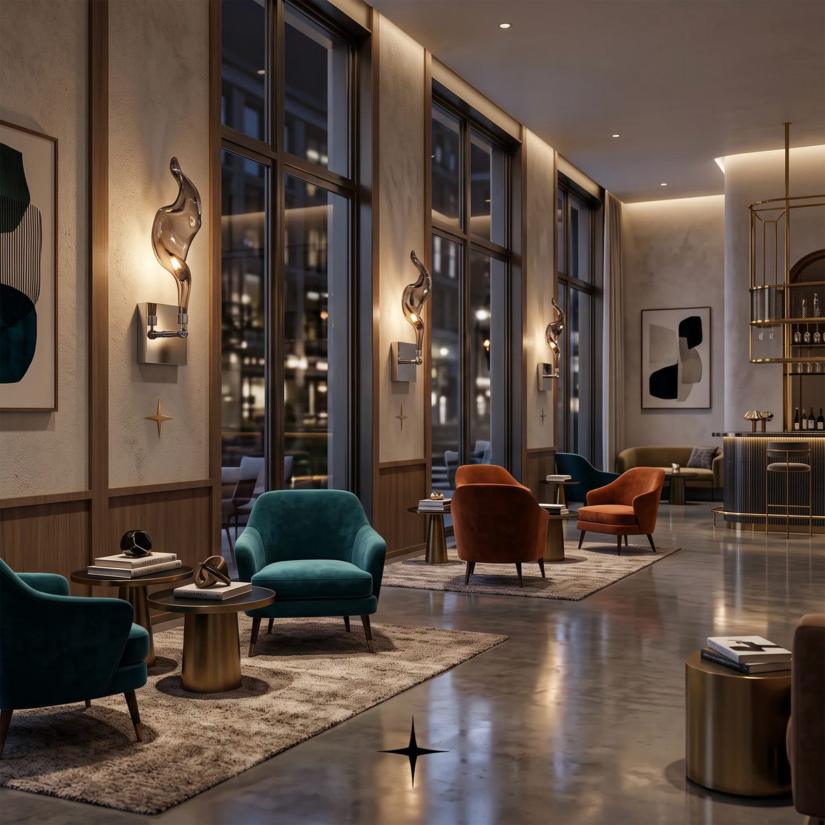 A modern, stylishly decorated lounge interior with teal and rust velvet armchairs, gold accent tables, textured rugs, and large floor-to-ceiling windows at night.