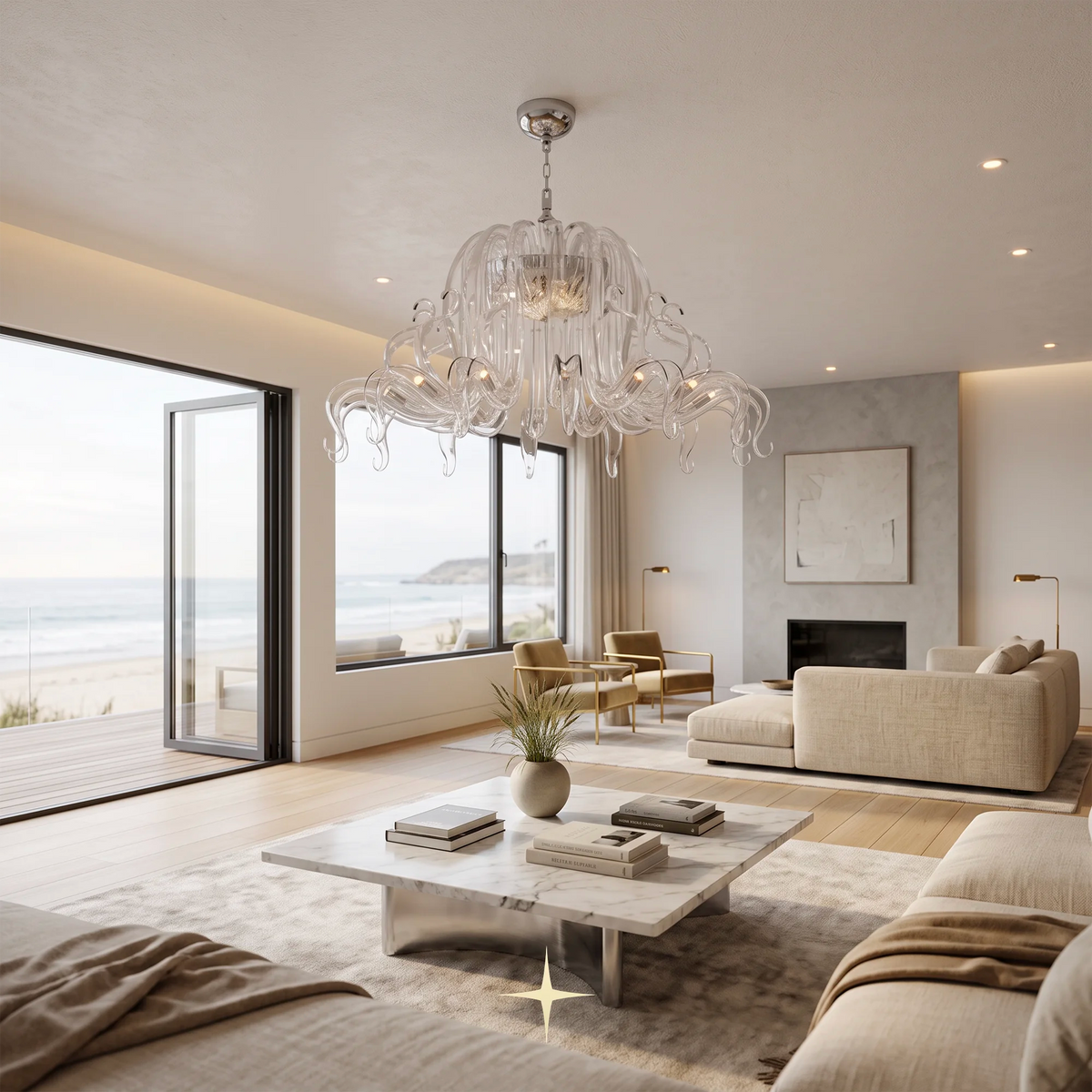 Majestical Chandelier featuring 17 G9 LEDs and an intricate clear glass finish design.
