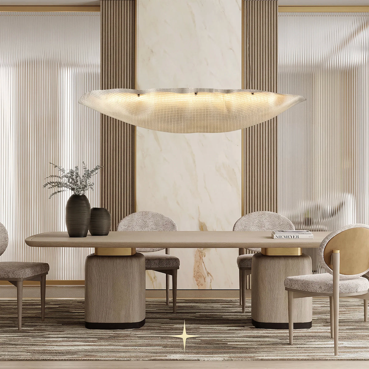 Marina Murano-style wave glass chandelier suspended over a modern dining table