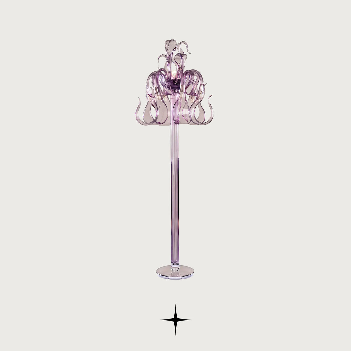 Matilda bohemian crystal floor lamp with vibrant purple crystal arms on a dark background