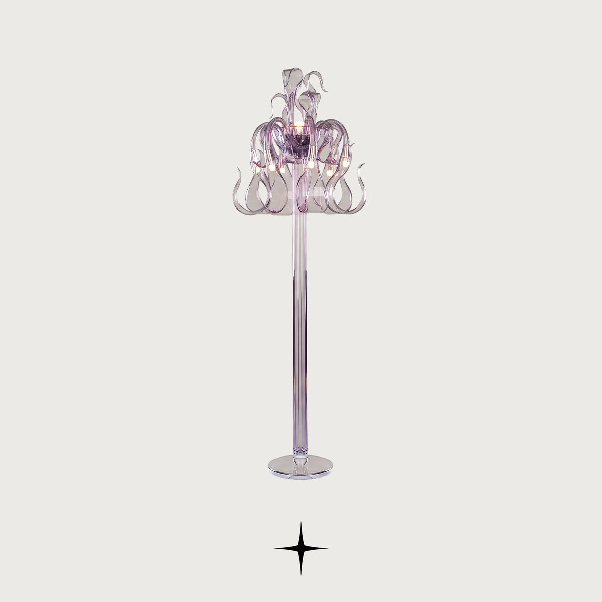 Matilda bohemian crystal floor lamp with vibrant purple crystal arms on a dark background