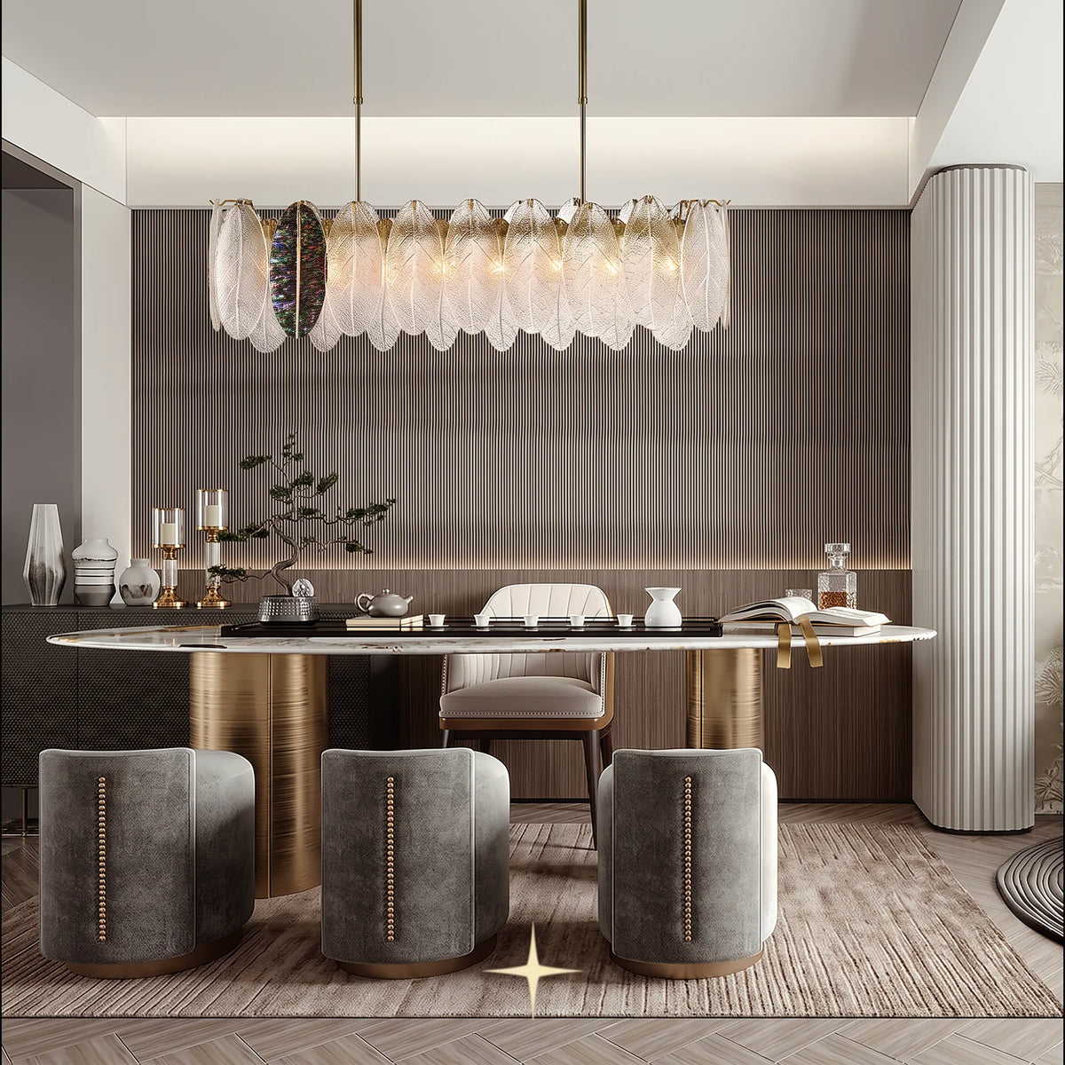 Melina linear glass leaf chandelier suspended above an elegant dining table interior