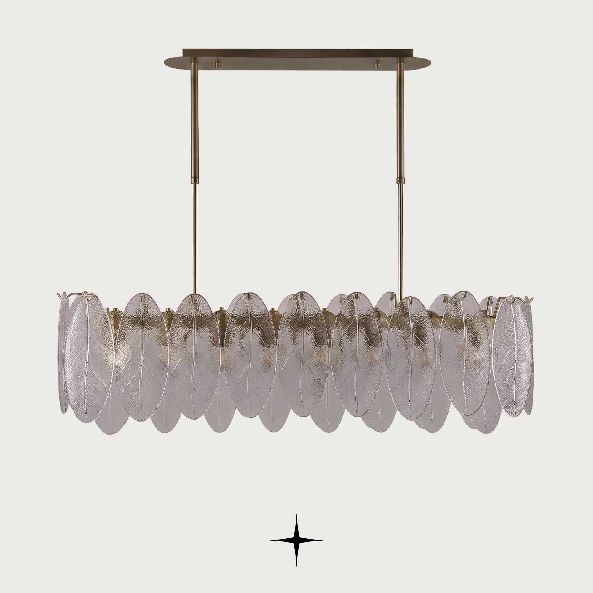 Melina horizontal Murano-style glass leaf chandelier with brushed nickel and gold frame on light grey background