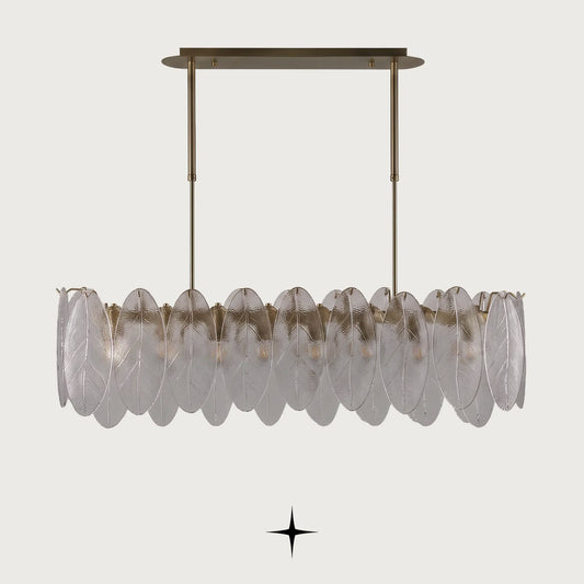 Melina horizontal Murano-style glass leaf chandelier with brushed nickel and gold frame on light grey background