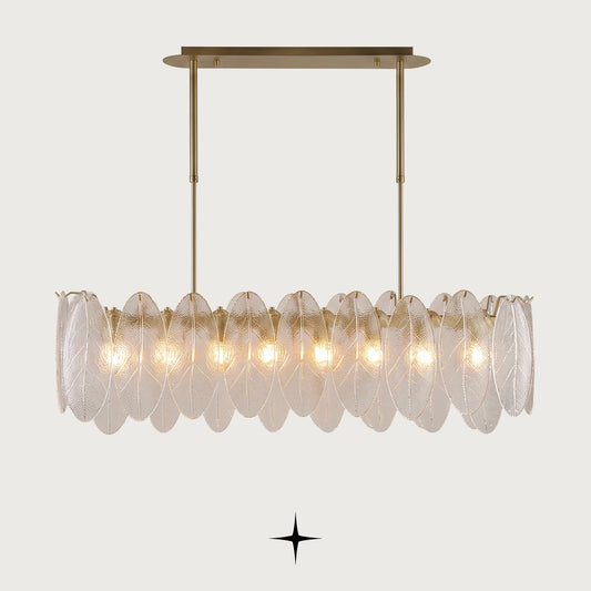 Melina horizontal Murano-style glass leaf chandelier with brushed nickel and gold frame on light grey background