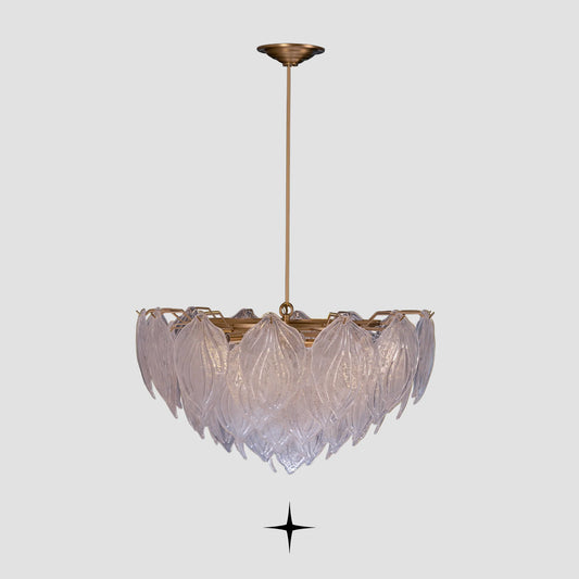  Mellow layered textured glass leaf chandelier with brass stem on light grey background