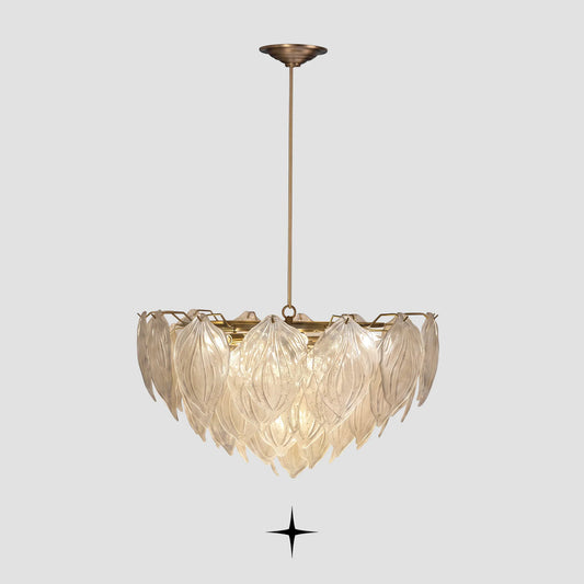  Mellow layered textured glass leaf chandelier with brass stem on light grey background
