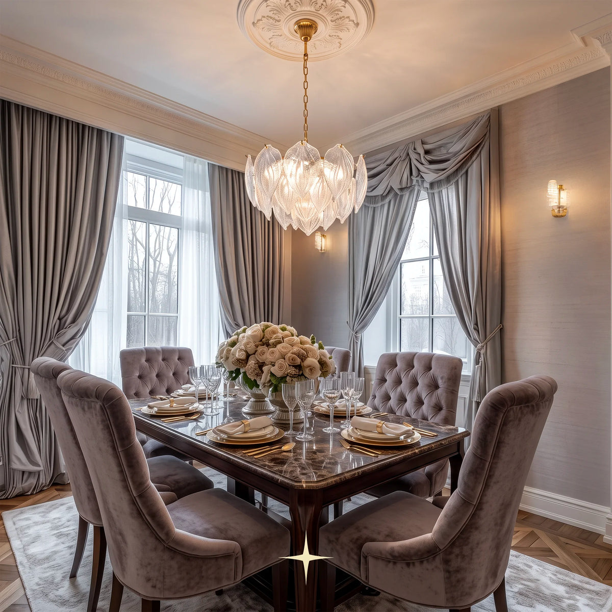 Mellow glass leaf chandelier suspended over a modern luxury dining table set