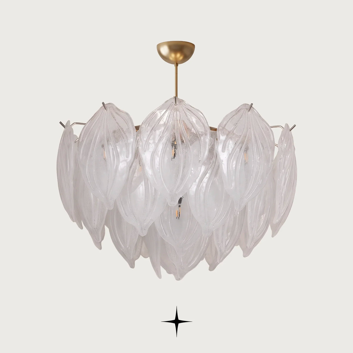 Mellow Murano style glass leaf chandelier with golden nickel structure on dark background
