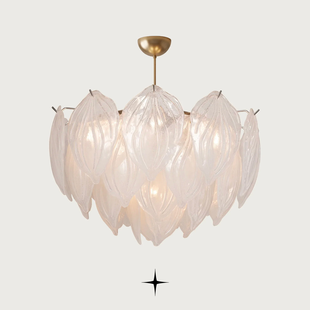 Mellow Murano style glass leaf chandelier with golden nickel structure on dark background
