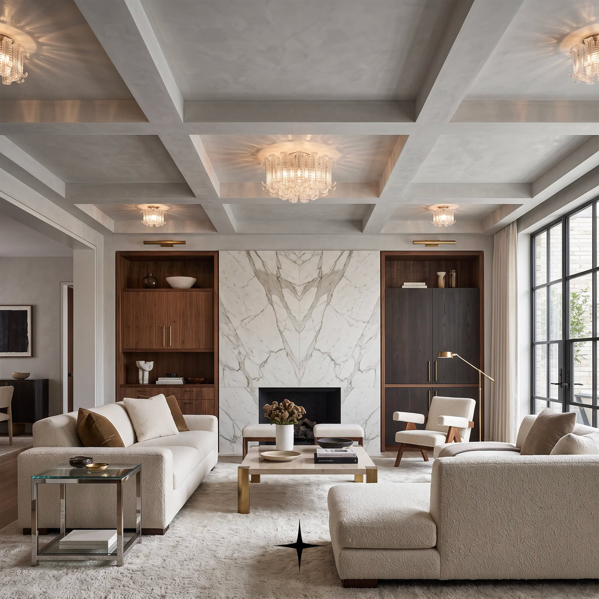 A luxury modern living room featuring a coffered ceiling with crystal chandeliers, a central marble fireplace wall, and plush cream-colored sofas arranged around a low wooden coffee table on a light rug.
