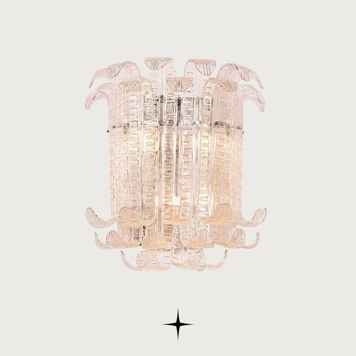 Montreal Murano style clear glass leaf wall sconce with golden structure on a light grey background