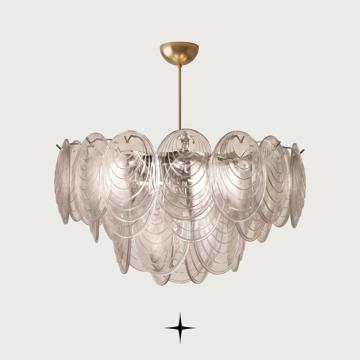 Moxie Chandelier featuring handcrafted Murano-style glass petals in an oval silhouette with a golden nickel chain and frame
