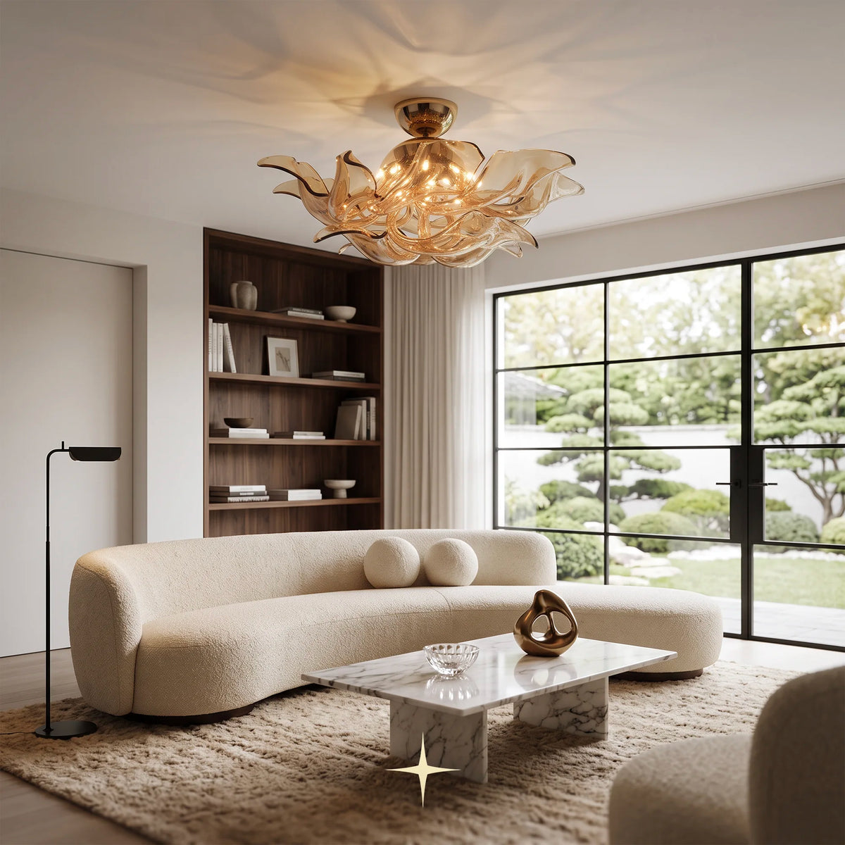 Naria Chandelier featuring chic elongated champagne crystal arms in multi-tier configurations
