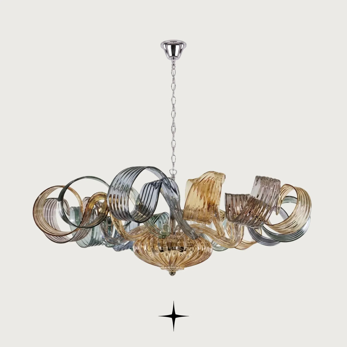 A modern multi-light chandelier featuring twisted, ribbed glass shades in amber, smoky brown, and translucent gray-blue tones, suspended from a silver chain against a light gray background.