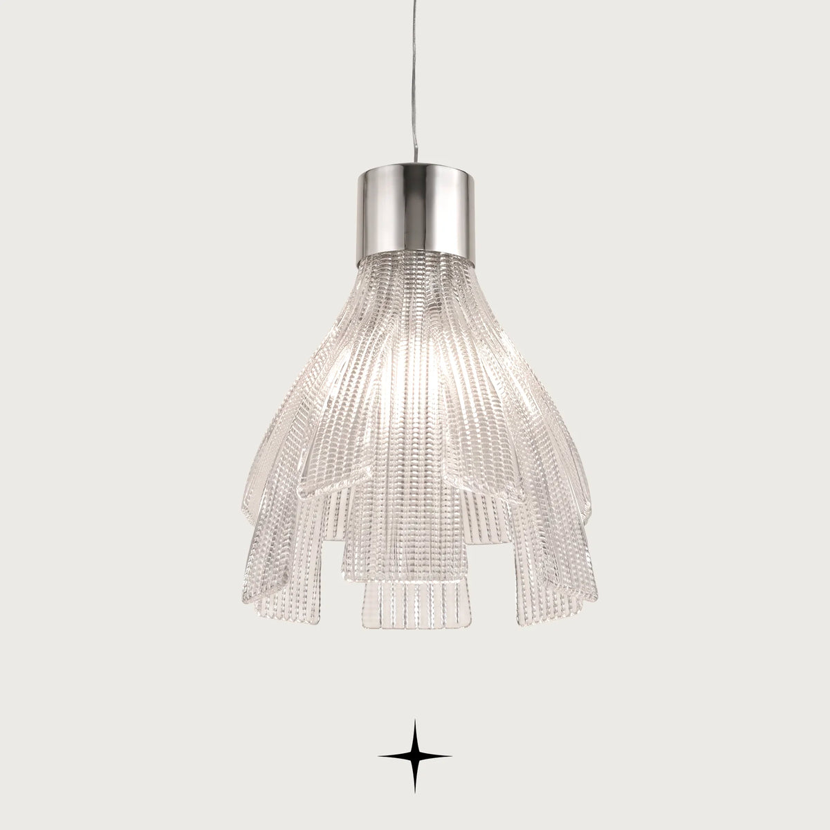 Nina single light pendant featuring handcrafted Murano clear glass leaves with silver nickel structure on black background