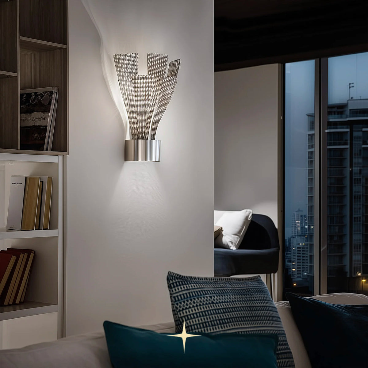 Nina silver glass leaf wall light installed in a modern luxury living room space