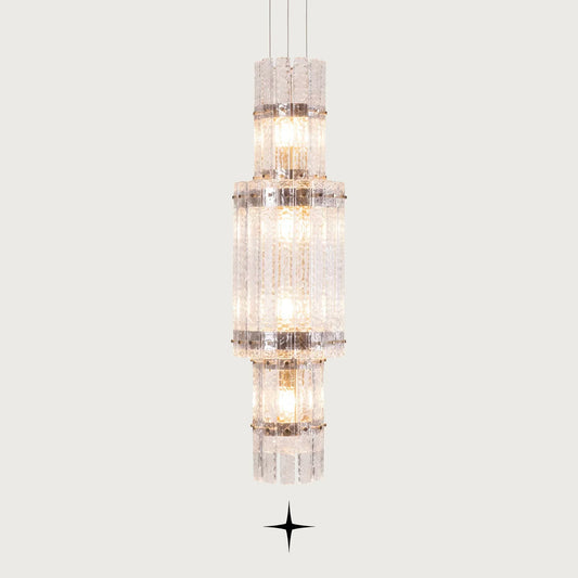 One Level Chime vertical rock-crystal effect glass column chandelier on light grey background