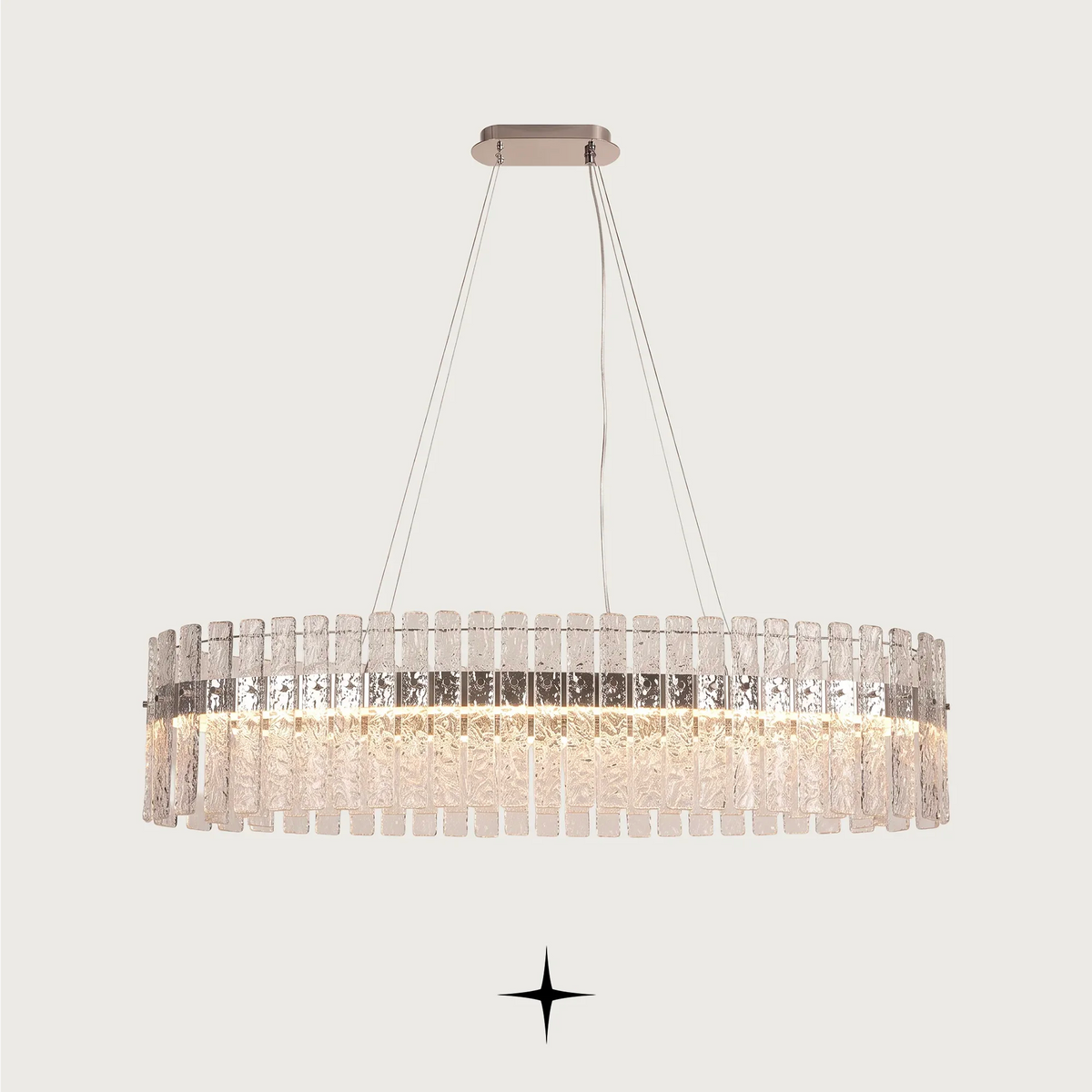  Full view of Oval Chime linear chandelier showing oval frame and sparkling light output
