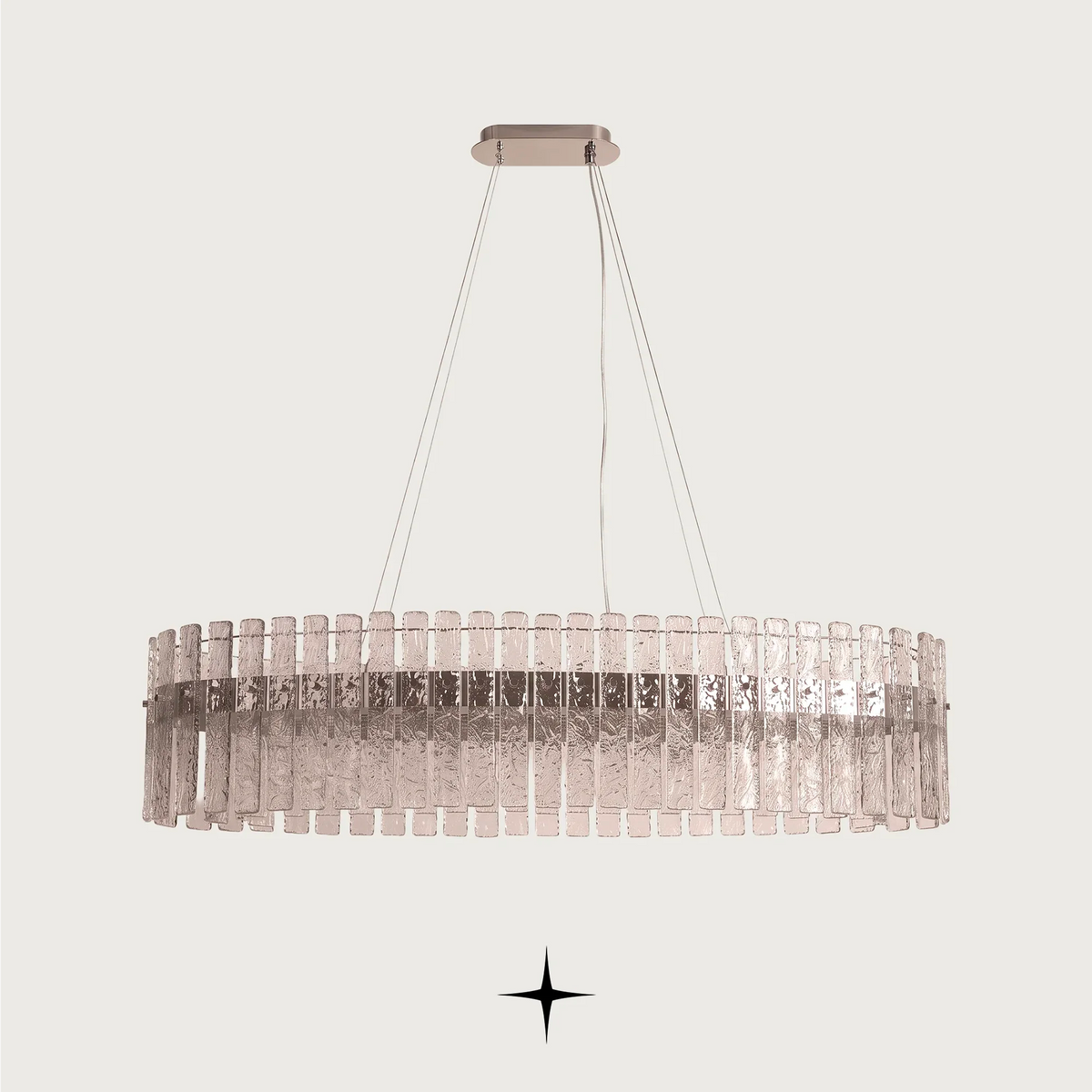 Full view of Oval Chime linear chandelier showing oval frame and sparkling light output
